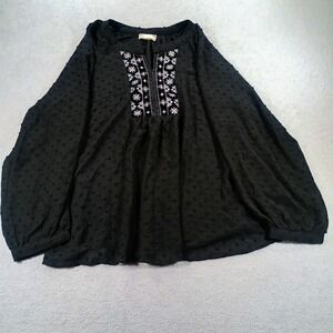 Cloth & Portrait Womens Embroidered Swiss Dot Blouse Black Large Boho Top